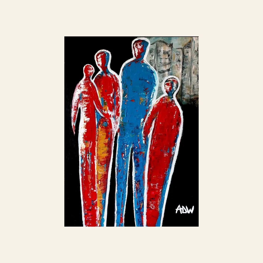 Vier gestileerde mensfiguren in rood en blauw tegen een donkere achtergrond.