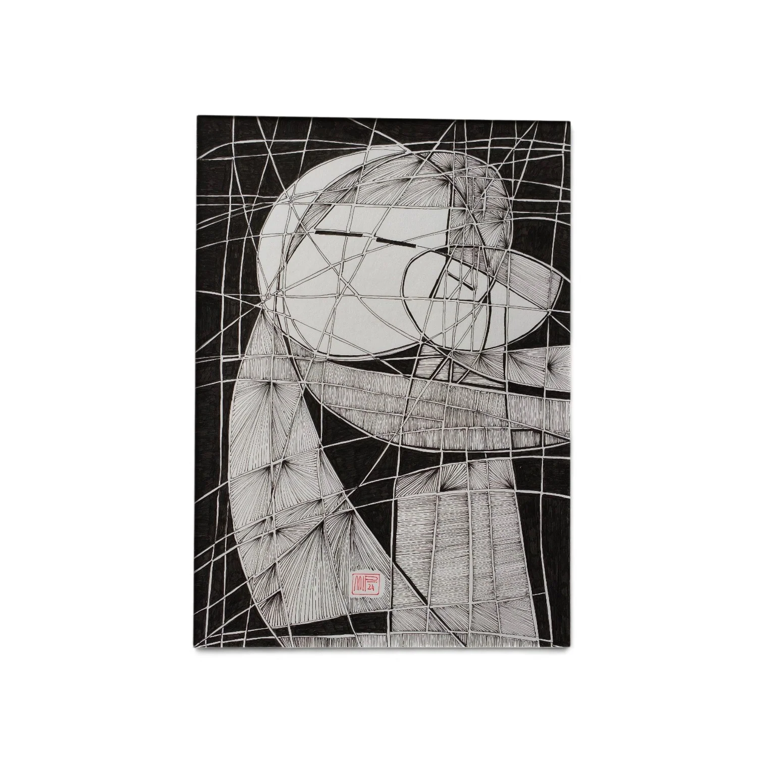 Zwart-witte grafische compositie met overlappende gebogen lijnen en arceringen.