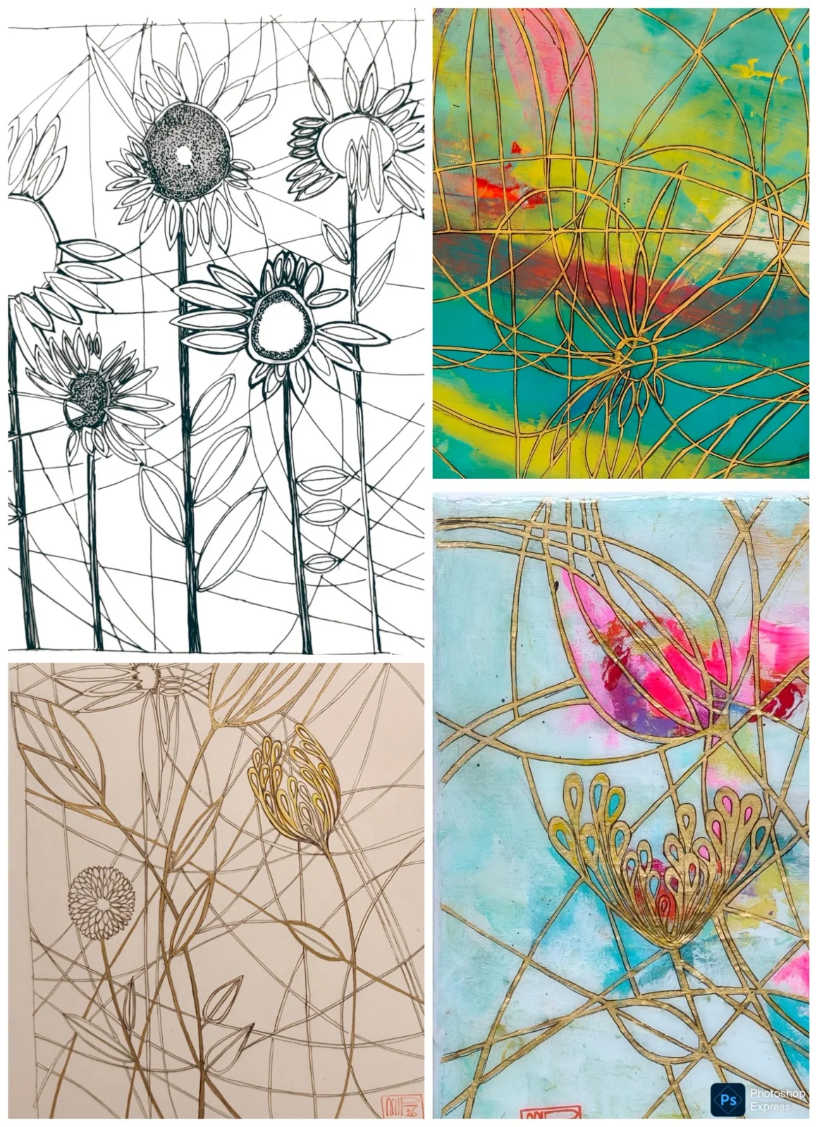 Montage van bloemenmotieven in penlijnen, gecombineerd met kleurrijke composities.