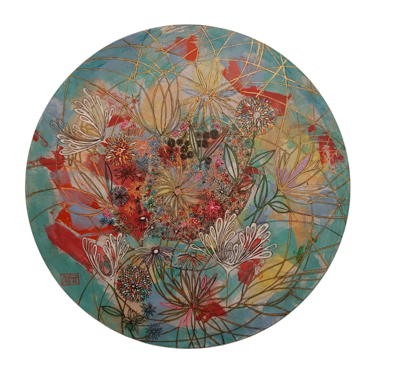 Rond kunstwerk met kleurrijke bloemen en fijne gouden lijnstructuren.