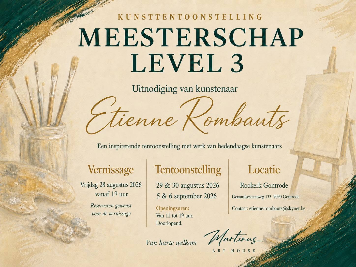 Affiche van Meesterschap Level 3 met Etienne Rombauts en praktische informatie over de tentoonstelling in Gontrode.